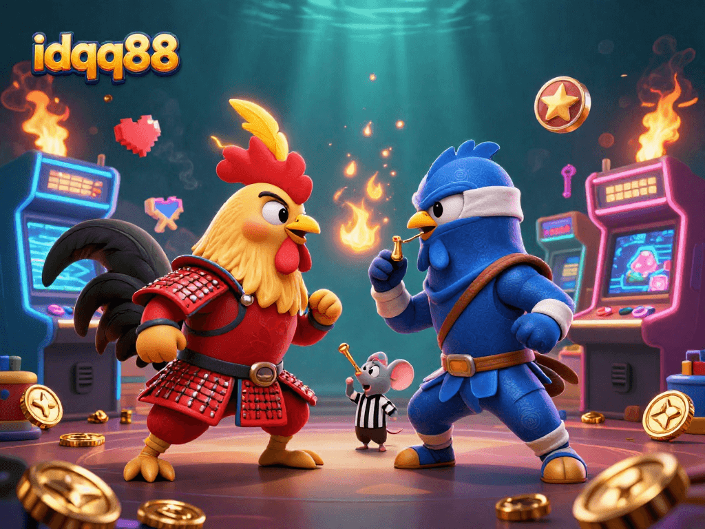 Engage in thrilling gameplay at idqq88 with dynamic 3D fighting roosters and vibrant arcade elements.