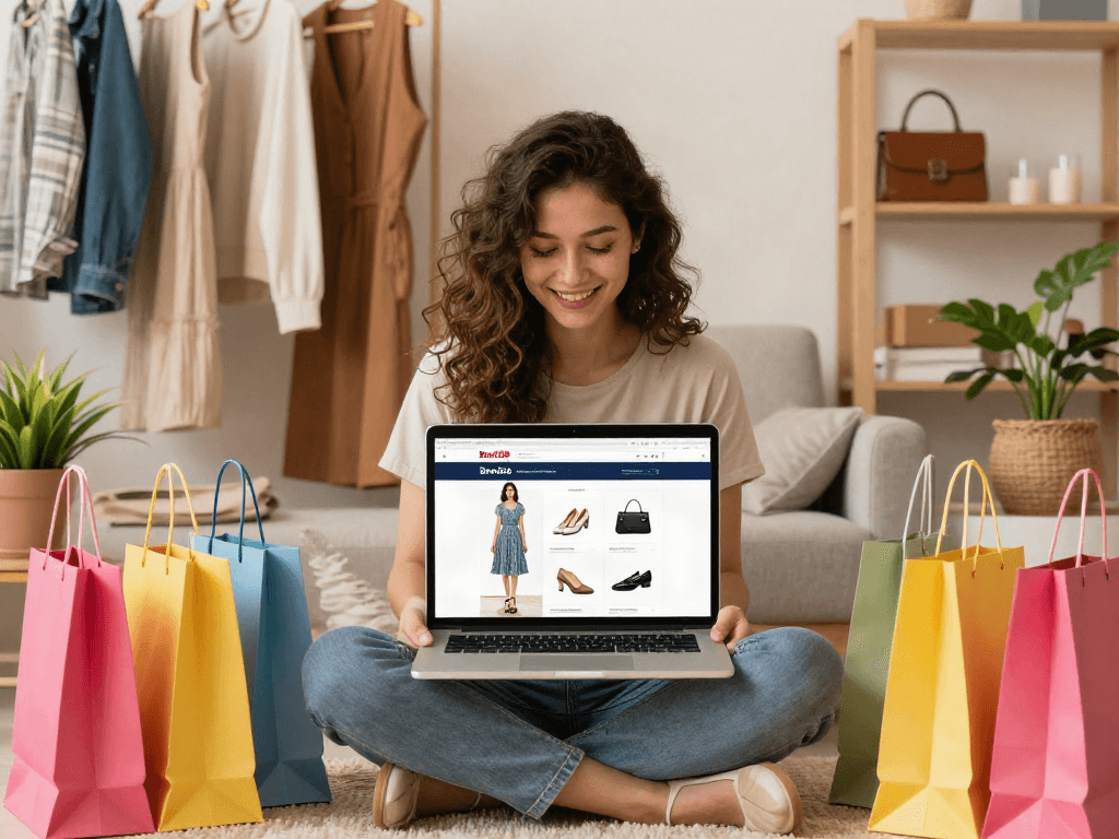 Young woman joyfully shopping on situs bro138 website, surrounded by fashion items in cozy home.