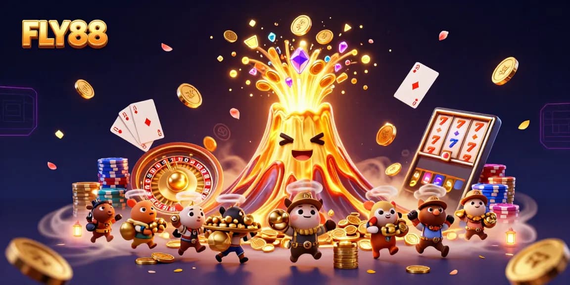 Experience the thrill of FLY88 with golden volcanoes, treasures, and vibrant casino elements.