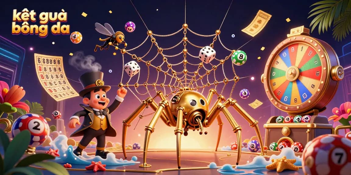 Experience exciting kết quả bóng đá moments with a steampunk spider and vibrant lottery elements.