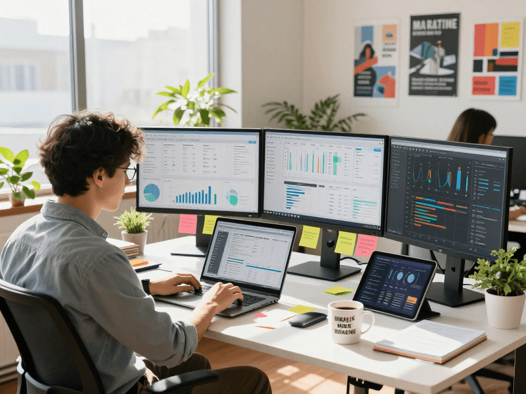 Strategist analyzing data insights for link slot optimization in a modern marketing workspace.