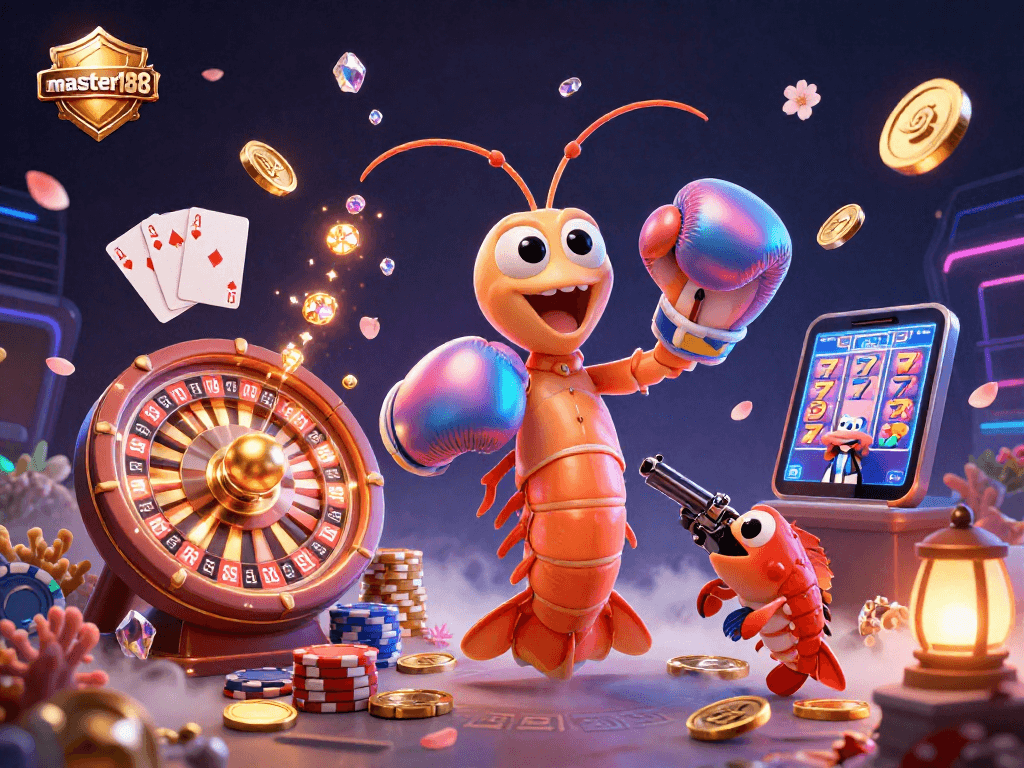 Engage with master188's vibrant casino world featuring dynamic characters and iconic gaming elements.