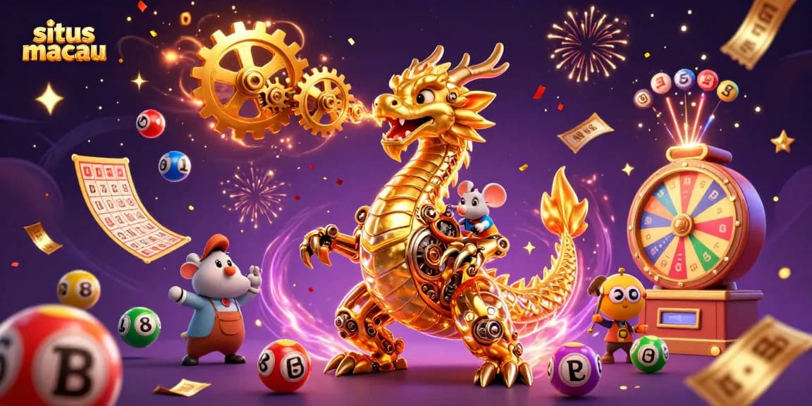 Engage with situs macau through a vibrant 3D scene featuring a golden dragon and dynamic lottery elements.