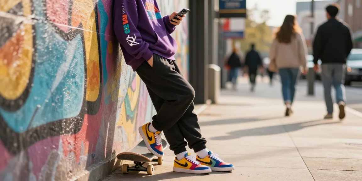 Gaya hidup streetwear dengan rubahtoto di latar belakang grafik kota yang enerjik.