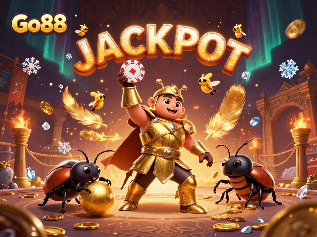 Raise your stakes with Go88 as a heroic beetle wins big, celebrating a jackpot in a vibrant casino arena.