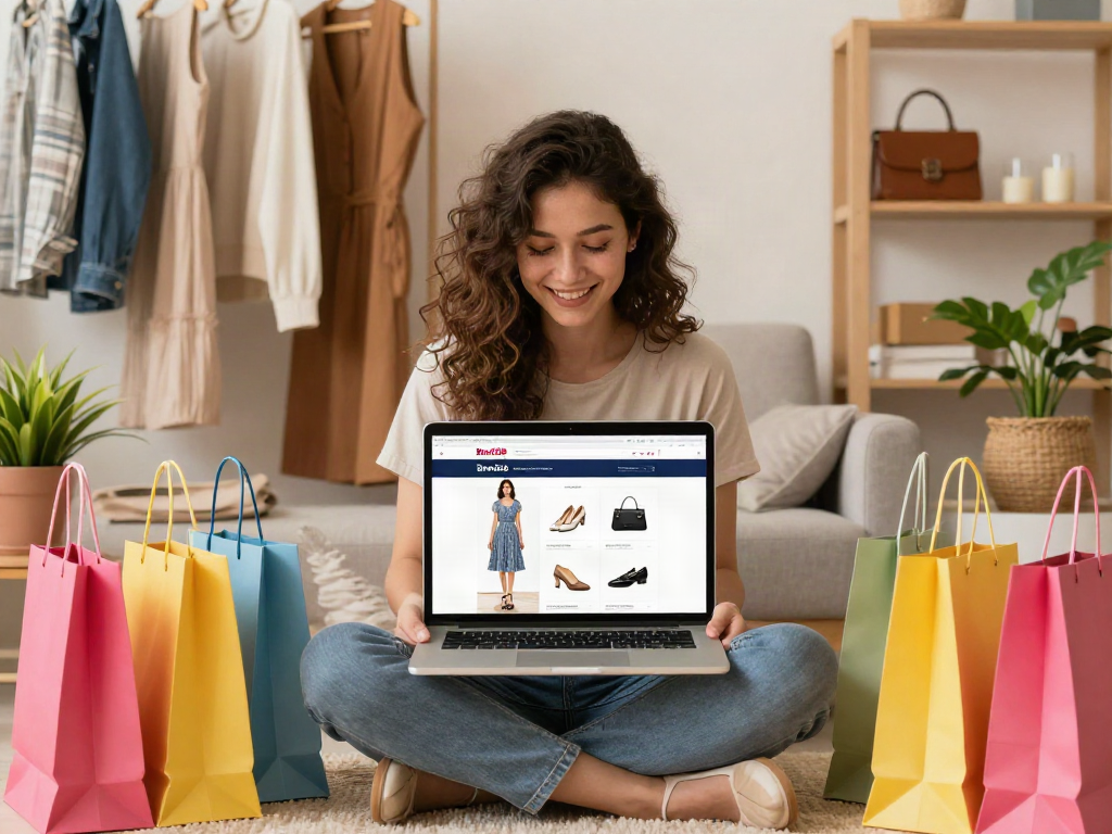 Young woman joyfully shopping on situs bro138 website, surrounded by fashion items in cozy home.