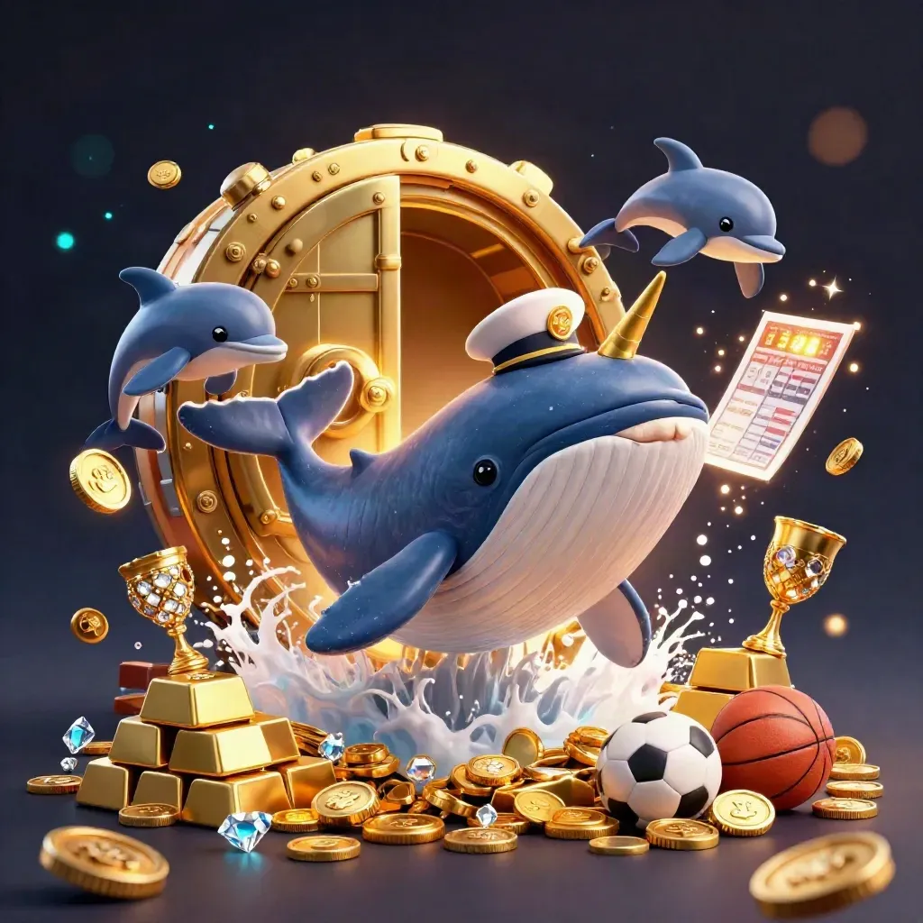 Ikan paus kapten, narwhal, dan lumba-lumba di lautan koin emas, dengan bola dan cahaya kasino.