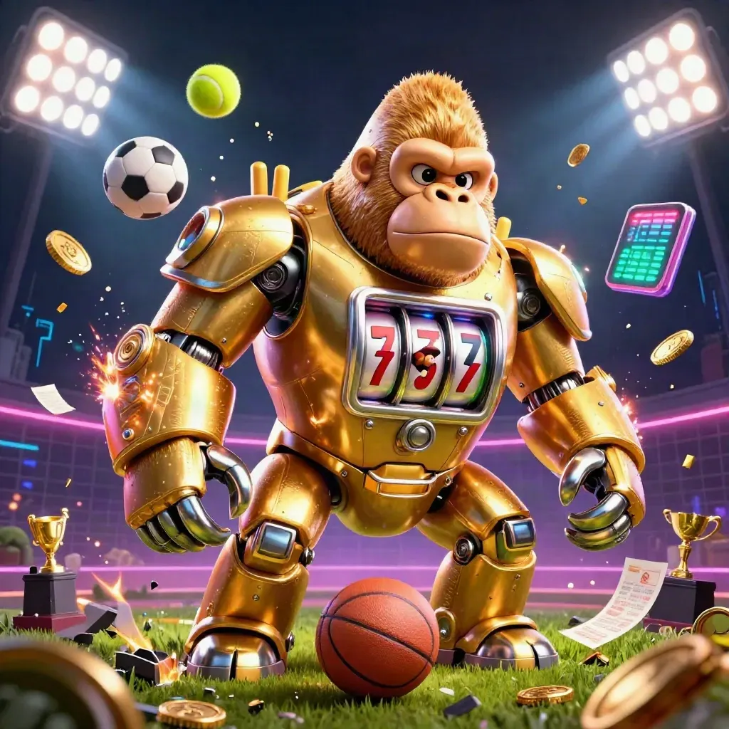 Gorila mech emas melempar bola basket, bola lain dan koin berhamburan di cahaya neon.