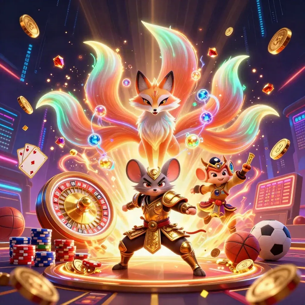 Rubah sembilan ekor dan tikus samurai emas dikelilingi koin, kartu, roda, dan efek neon.