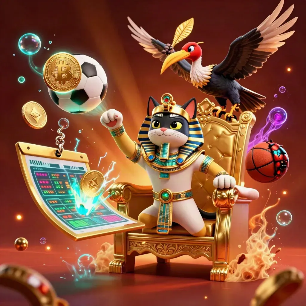 Kucing firaun 3D, ibis, dan scarab di takhta emas; bola, koin neon, dan kilat bertebaran.
