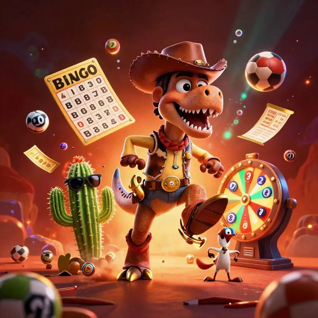 T-Rex koboi, kaktus, dan roadrunner dikelilingi bola lotre dan cahaya neon.