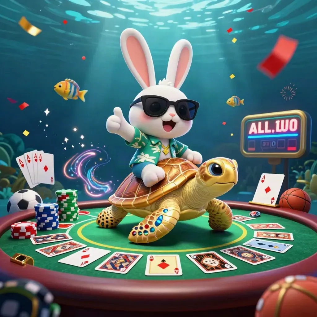 Kelinci kartun berkacamata naik kura-kura emas di bawah air, dikelilingi kartu poker dan bola.