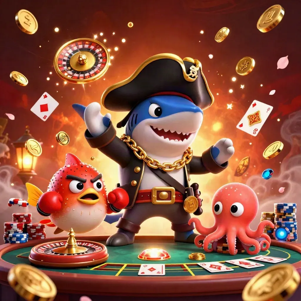 Kapten hiu, ikan buntal, dan gurita bayi di kasino emas penuh koin dan permata.
