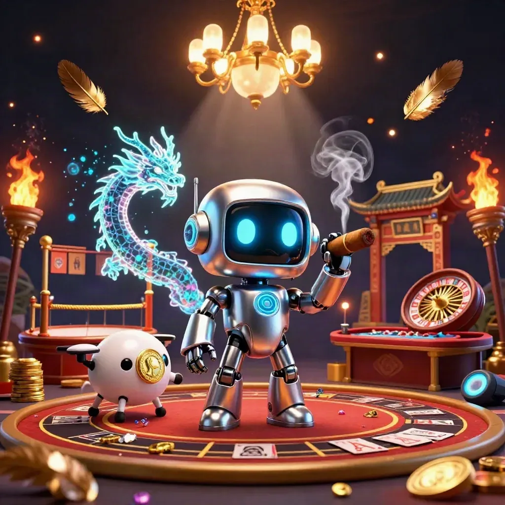 Robot cyberpunk, naga hologram, dan drone coin di kasino mewah dengan cahaya emas.