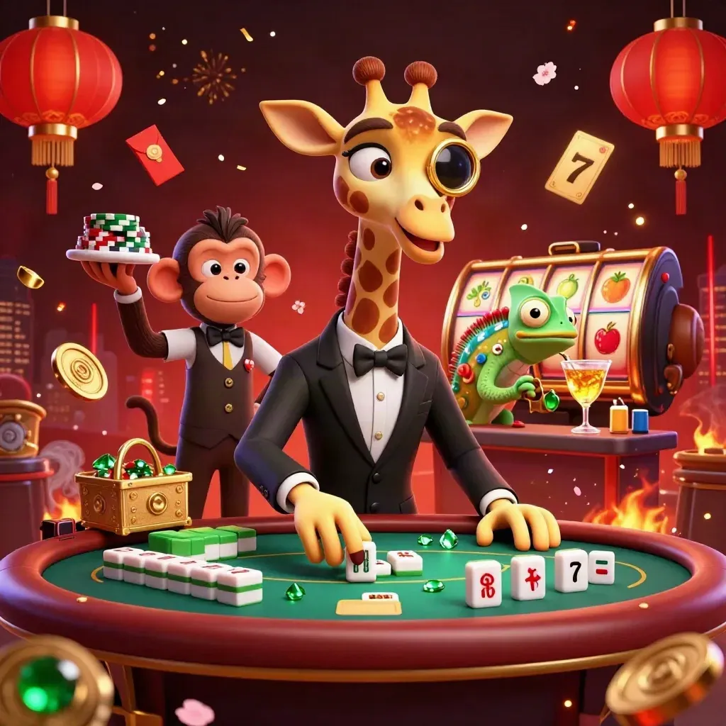 Jerapah kasino, monyet pelayan, dan bunglon bartender di meja poker, dengan lampion, koin, dan cahaya hijau neon.