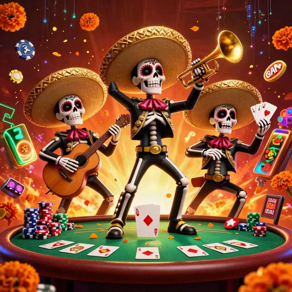 Trio skeleton mariachi bermain poker, kartu dan chip meledak, nuansa emas neon hijau.