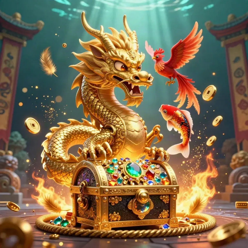 Naga emas, phoenix merah, dan koi di atas peti harta dengan kilau emas.