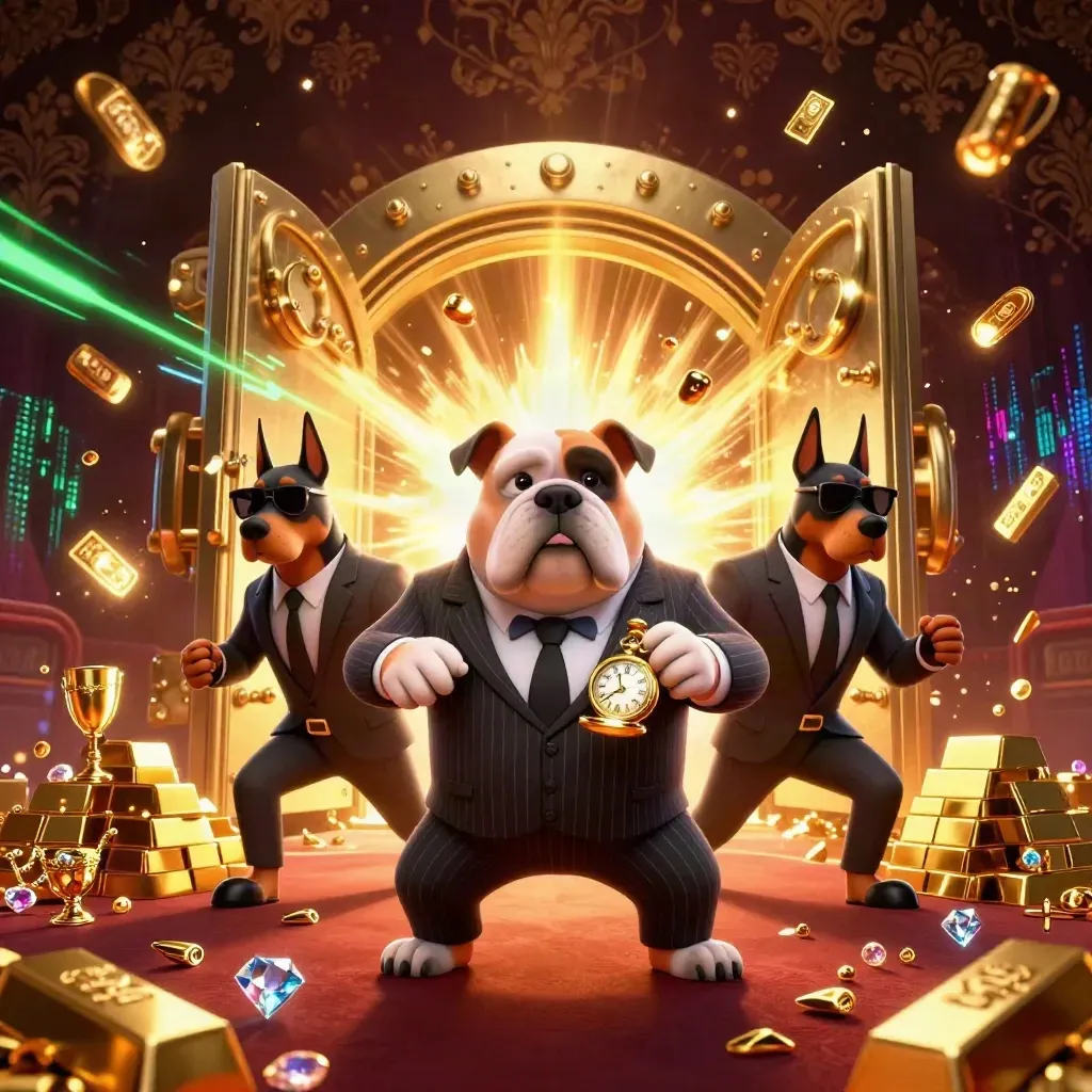 Bulldog bos mafia dan dua Doberman dikelilingi emas, berlian, dan pintu vault neon hijau