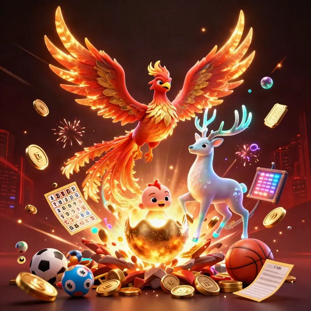 Phoenix emas, rusa kristal, dan ledakan koin kasino di latar merah gelap.