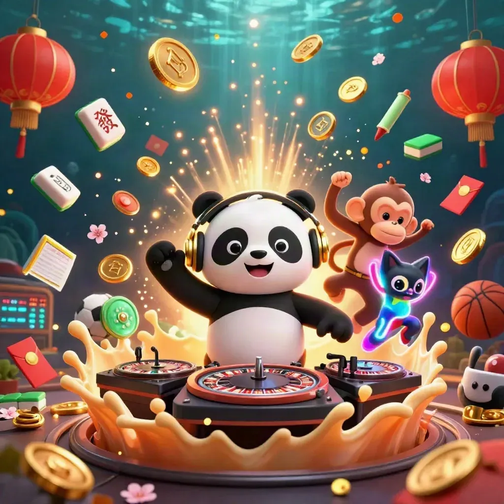 Panda DJ, monyet breakdance, dan kucing rave dikelilingi koin emas, petasan, dan permata.
