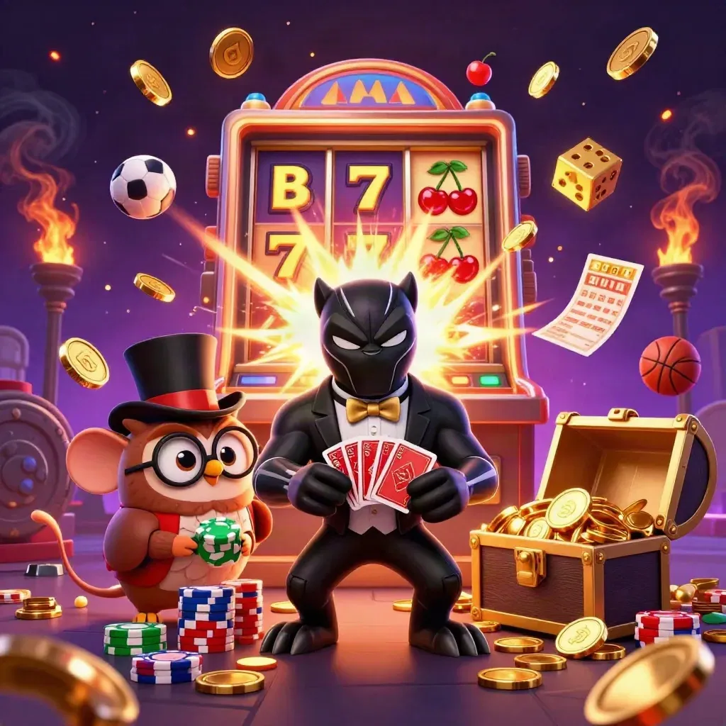 Harimau panther, burung hantu, dan tikus di latar slot mewah dengan koin, petir, dan simbol jackpot