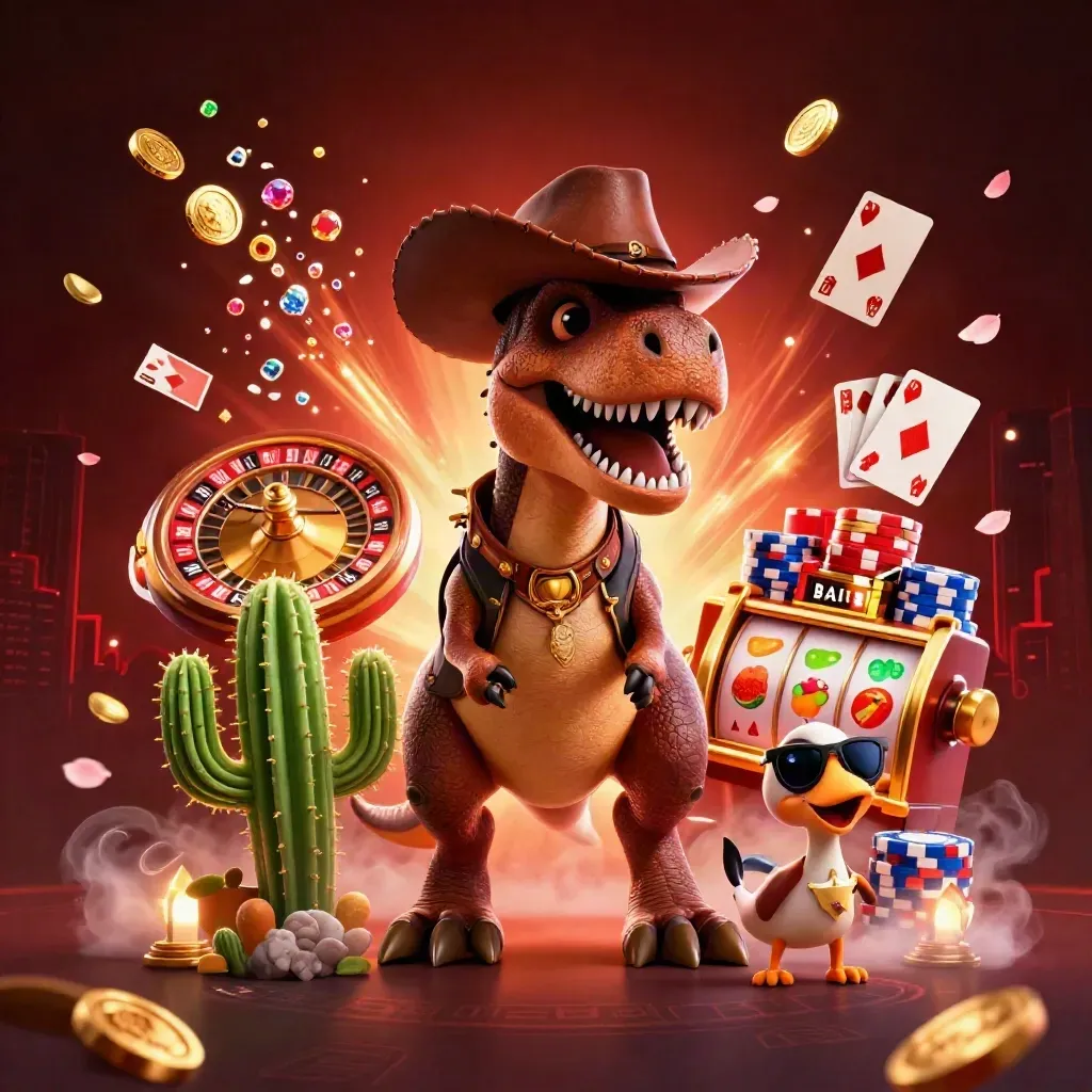 T-Rex koboi, kaktus, dan roadrunner dikelilingi koin, roulette, chip, dan cahaya kasino.