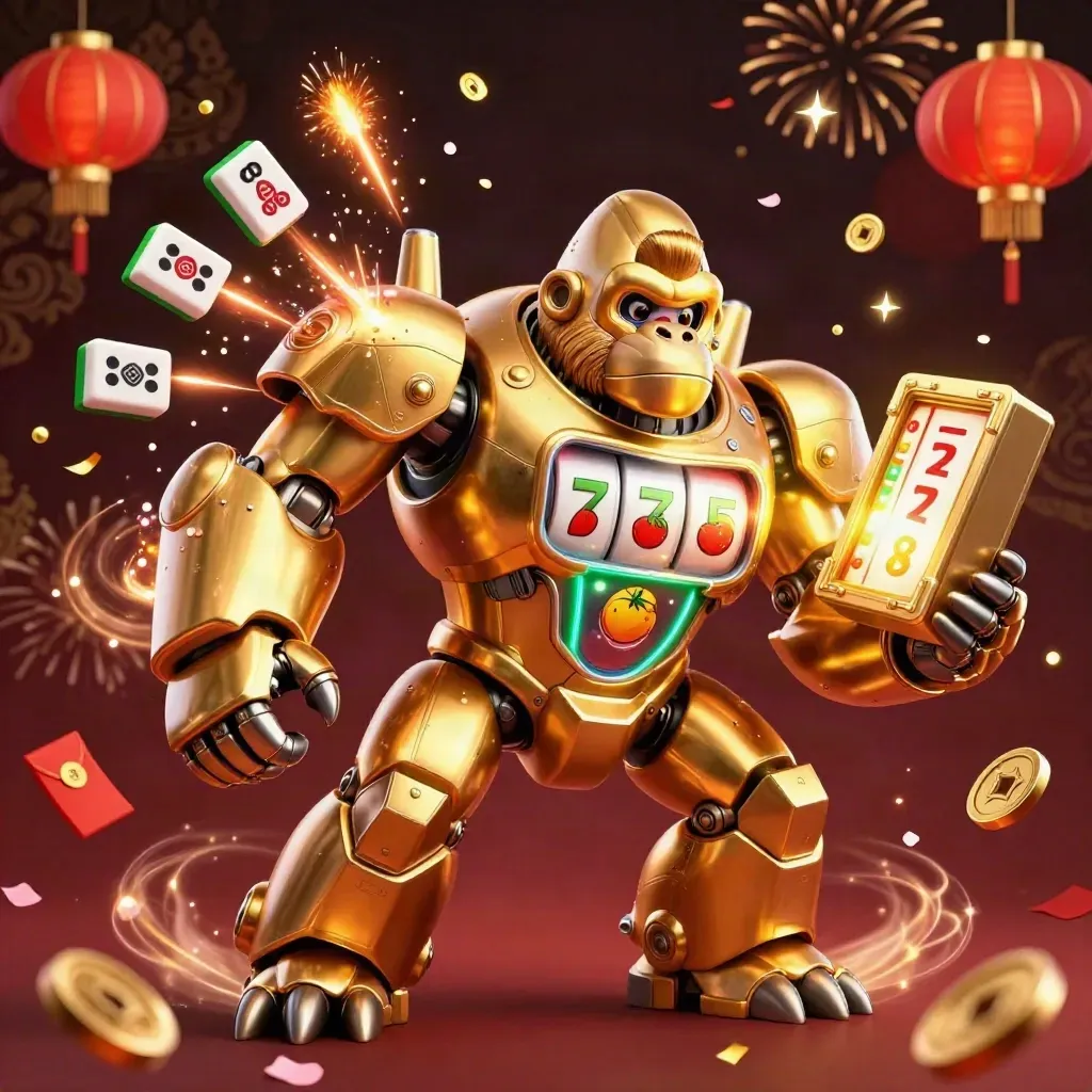 Gorila mecha emas dengan pilot monyet kecil, dikelilingi ubin mahjong, lentera, koin, dan kilat.