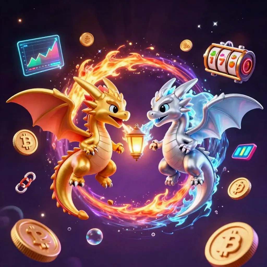 Dua naga emas-perak melilit, hembusan api dan es, dikelilingi koin kripto dan kilat neon.