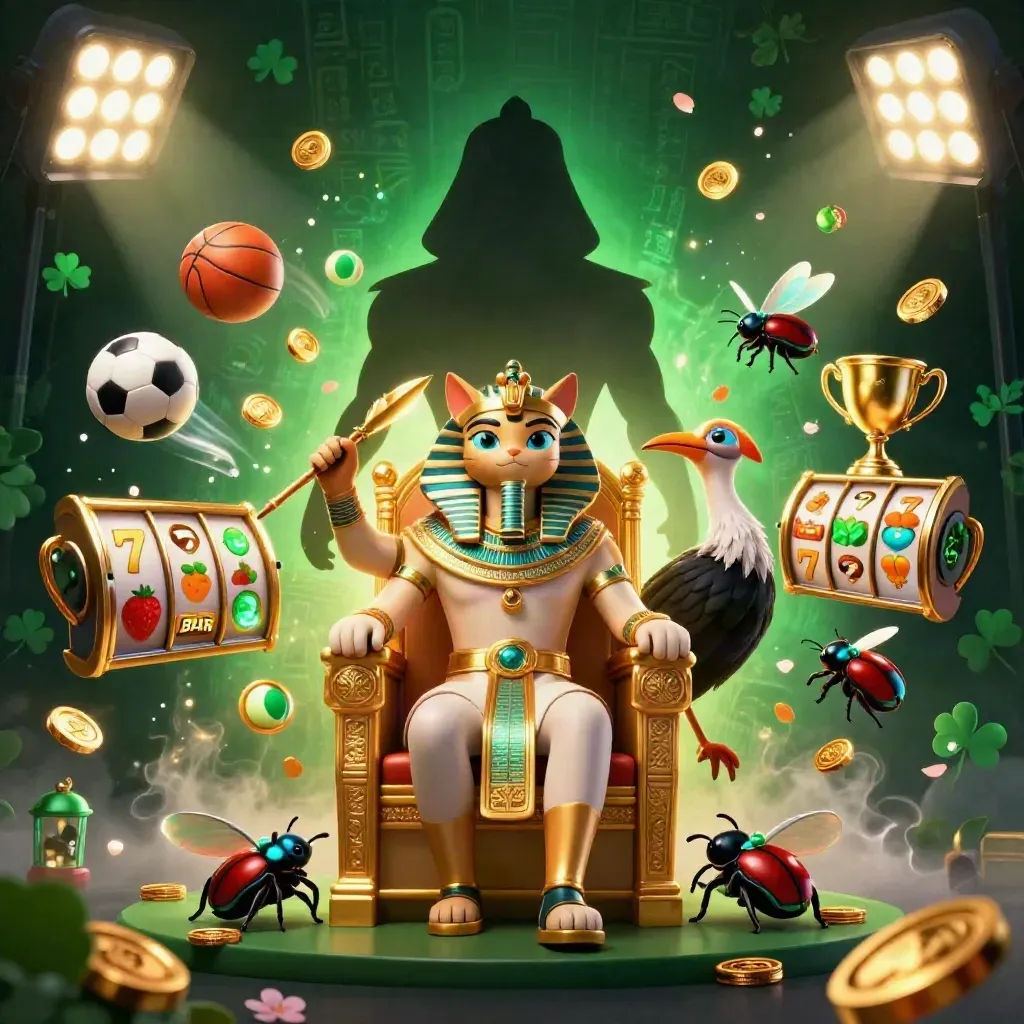 Kucing firaun, ibis, dan kumbang scarab dikelilingi bola, koin, serta efek emas mewah.