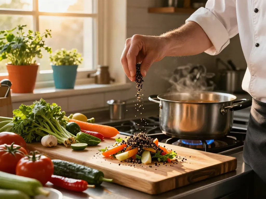 Proses pembuatan lada hitam pecah25 segar di dapur yang cerah.
